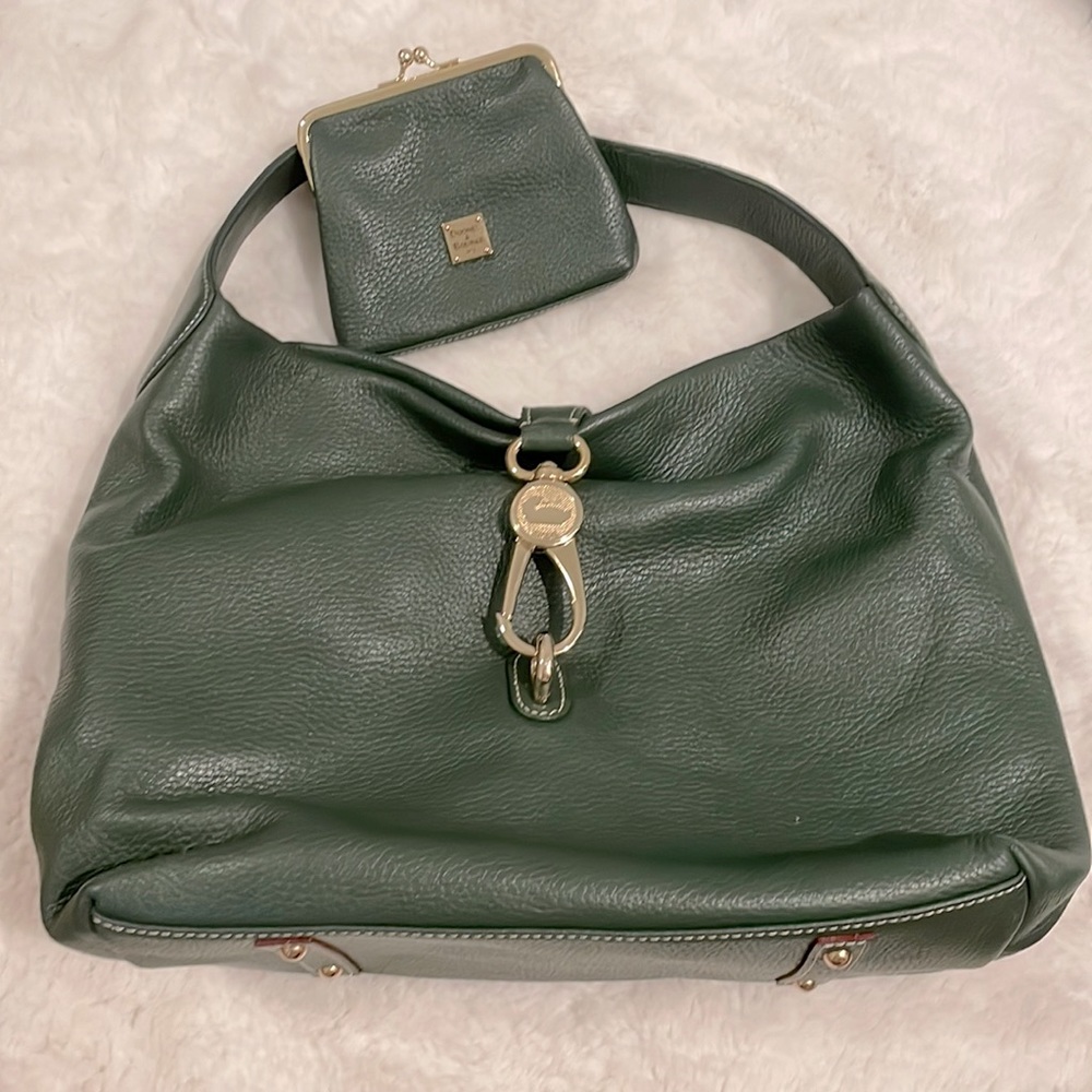 Large forest, green leather with matching wallet, Dooney and Bourke bag.